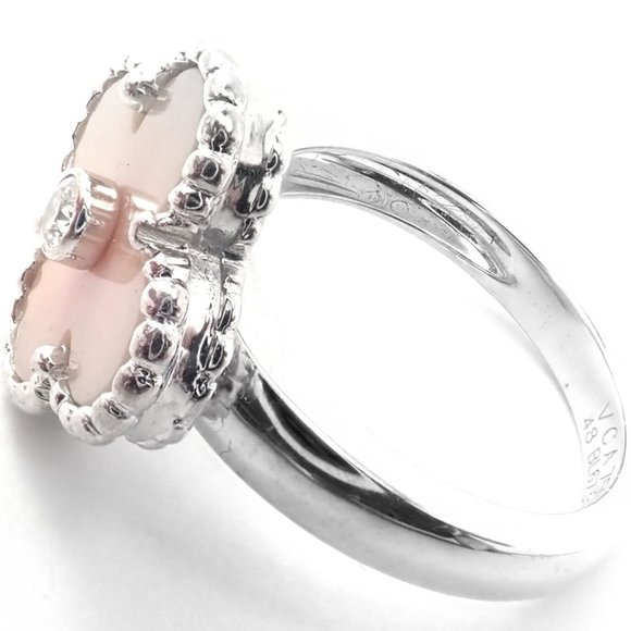 Authentic! Van Cleef & Arpels Alhambra 18k White Gold Pink Opal Diamond Ring - Picture 4 of 9